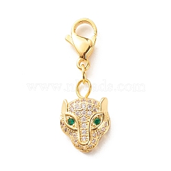 Brass Micro Pave Cubic Zirconia Pendants, with Lobster Claw Clasps, Leopard Head, Golden, 26mm(X-HJEW-JM00577-03)