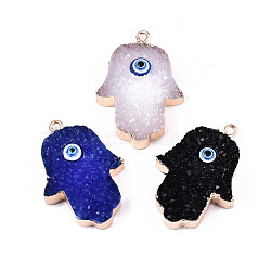 Druzy Resin Charms, with Edge Light Gold Plated Iron Loops, Hamsa Hand/Hand of Fatima/Hand of Miriam with Eye, Mixed Color, 35x24.5x10mm, Hole: 1.8mm(RESI-S383-053A)