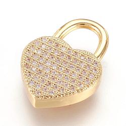 Brass Micro Pave Cubic Zirconia Pendants, Real 18K Gold Plated, Heart Padlock, Golden, 20x14x3.5mm, Hole: 6x6.5mm(ZIRC-F062-04G)