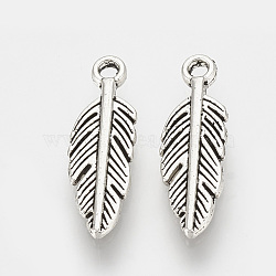 Tibetan Style Alloy Pendants, Feather, Cadmium Free & Lead Free, Antique Silver, 15x5x1.5mm, Hole: 1mm, about 3330pcs/1000g(TIBEP-S317-10AS-RS)