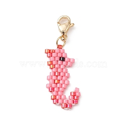 Handmade Loom Pattern Seed Beads Pendants Decoration, with 304 Stainless Steel Lobster Claw Clasps, Sea Horse, 32.5mm(HJEW-MZ00016-08)