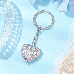 316 Stainless Steel Photo Locket Keychain, with Iron Split Key Rings, Heart, Stainless Steel Color, 85mm(KEYC-JKC01121)