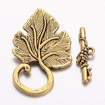 Tibetan Style Toggle Clasps, Lead Free & Cadmium Free, Leaf, Antique Golden, 37.5x22mm, Hole: 1.5mm