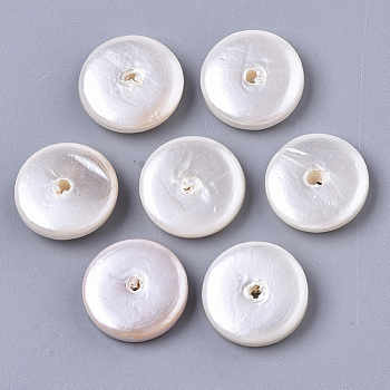 Spray Painted Shell Pearl Beads, Flat Round, Creamy White, 14x4mm, Hole: 1~1.6mm