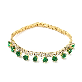 Green Cubic Zirconia Diamond Charm Bracelet with Rack Plating Brass Link Chains, Long-Lasting Plated, Cadmium Free & Lead Free, Real 18K Gold Plated, 7-1/4 inch(18.5cm)