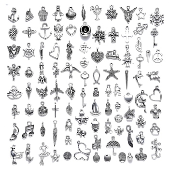 100Pcs 100 Style Tibetan Style Alloy Pendants, One Hundred Shapes, Antique Silver, 4~29x4~29x1~8mm, 1pc/style