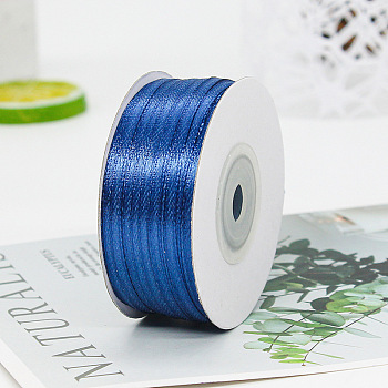 Polyester Double-Sided Satin Ribbons, Ornament Accessories, Flat, Royal Blue, 3mm, 100 yards/roll