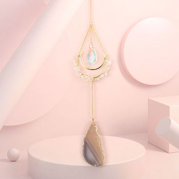 Natural Quartz Crystal Chip Wrapped Moon Hanging Ornaments, Glass Teardrop and Agate Slices Tassel Suncatchers for Home Outdoor Decoration, 430mm