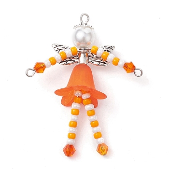 Glass Seed & Acrylic Pearl Beaded Big Pendants, with Alloy Fairy Wing & 304 Stainless Steel Findings, Angel Charms, Orange, 52x40x18mm, Hole: 1.6mm