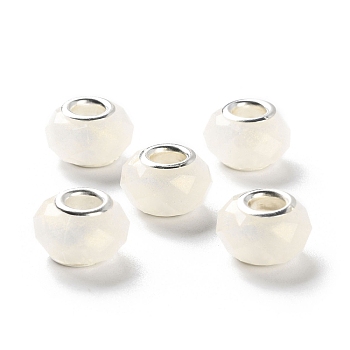 Pearlized Resin European Beads, Faceted Rondelle Large Hole Beads, with Platinum Tone Alloy Double Cores, White, 13.5x9mm, Hole: 5mm