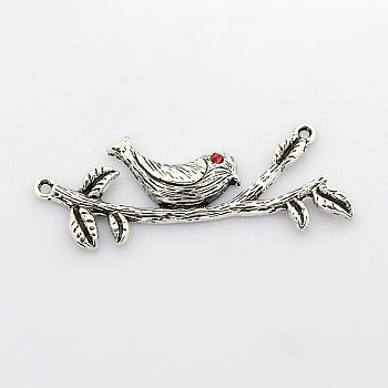 Antique Silver Tone Alloy Rhinestone Bird Links connectors, Magpie and Branch, Light Siam, 57x21x5mm, Hole: 2mm