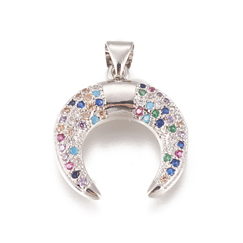 Brass Micro Pave Cubic Zirconia Pendants, Long-Lasting Plated, Lead Free & Cadmium Free & Nickel Free, Ox Horn Shape, Colorful, Real Platinum Plated, 20x18.5x3mm, Hole: 3.5x4mm
