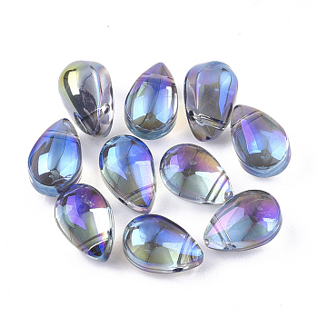Electroplate Glass Charms, Teardrop, Blue, 9x6x5mm, Hole: 0.9mm