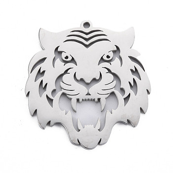 304 Stainless Steel Pendants, Laser Cut, Tiger, Stainless Steel Color, 42x39x2mm, Hole: 2mm