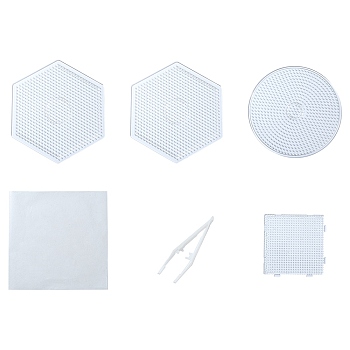 Hexagon & Flat Round & Square ABC Plastic Pegboards, with Ironing Paper and Plastic Tweezers, Clear
