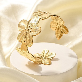 304 Stainless Steel Cuff Bangles, Wide Band Bangles for Women, Flower, Real 18K Gold Plated, Inner Diameter: 1-3/4 inch(4.55cm)