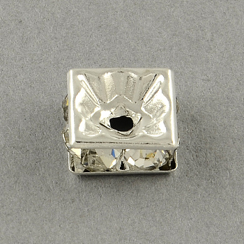 Square Brass Rhinestone Spacer Beads, Silver Color Plated, 8x8x3.5mm, Hole: 1.5mm
