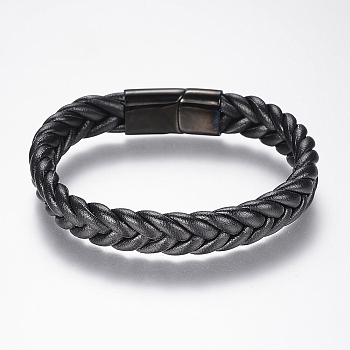 Braided Leather Cord Bracelets, with 304 Stainless Steel Findings and Magnetic Clasps, Gunmetal, 8-5/8 inch(220mm), 29x14x8mm