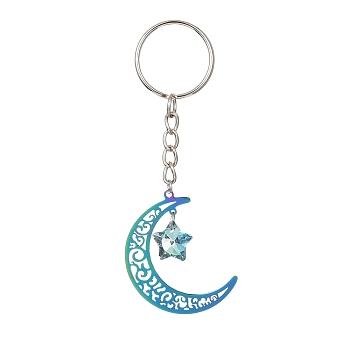Stainless Steel Hollow Moon Keychains, with Iron Keychain Ring and Star Glass Pendant, Rainbow Color, 9.4cm