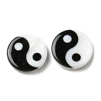 Printed Natural Freshwater Shell Beads, Yin Yang Flat Round Beads, Black, 15x3~3.5mm, Hole: 0.7mm