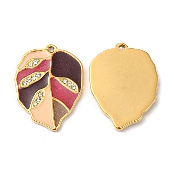 Real 18K Gold Plated 304 Stainless Steel Rhinestone Pendants, with Enamel, Leaf Charms, Coconut Brown, 21.5x16x2mm, Hole: 1mm