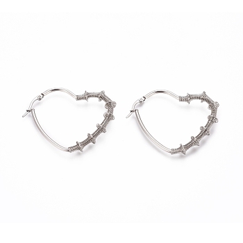 Long-Lasting Plated 304 Stainless Steel Wire Wrapped Hoop Earrings, Hypoallergenic Earrings, Heart, Stainless Steel Color, 44x39x6.5mm, Pin: 1x0.6mm