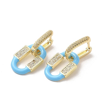 Oval Real 18K Gold Plated Brass Dangle Hoop Earrings, with Cubic Zirconia and Enamel, Deep Sky Blue, 32.5x15mm