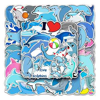 Waterproof PVC Adhesive Stickers, for Suitcase, Skateboard, Refrigerator, Helmet, Mobile Phone Shell, Dolphin Pattern, 55~85mm, 50pcs/bag