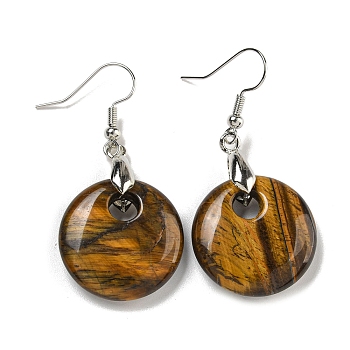 Rack Plating Brass Flat Round Dangle Earrings for Women, with Natural Tiger Eye, Cadmium Free & Lead Free, Platinum, 49x23mm