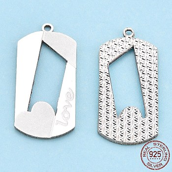 925 Sterling Silver Pendants, Rectangle, Silver, 24x11x1mm, Hole: 1mm