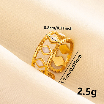 Fashionable 304 Stainless Steel Enamel Cuff Ring, Hollow Rhombus Wide Band Open Ring for Women, Golden