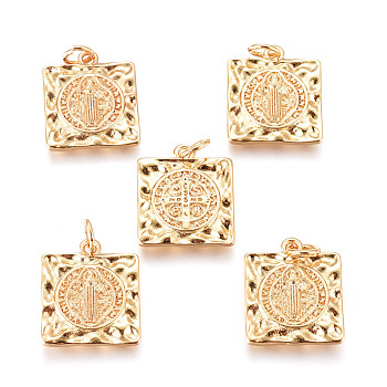 Brass Pendants, with Jump Rings, Hammered, for religion, Saint Benedict Medal, Square, Golden, 17x15x2mm, Jump Rings: 3mm Inner Diameter