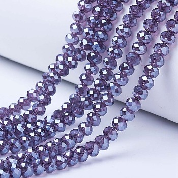 Electroplate Glass Beads Strands, Pearl Luster Plated, Faceted, Rondelle, Slate Blue, 6x5mm, Hole: 1mm, about 83~85pcs/strand, 38~39cm