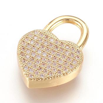 Brass Micro Pave Cubic Zirconia Pendants, Real 18K Gold Plated, Heart Padlock, Golden, 20x14x3.5mm, Hole: 6x6.5mm