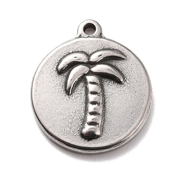 Non-Tarnish 304 Stainless Steel Pendants, Textured, Flat Round with Coconut Tree, Stainless Steel Color, 16.5x14.5x2.5mm, Hole: 1.2mm