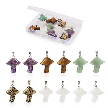 Yilisi 12Pcs 6 Style Natural & Synthetic Gemstone Pendants, with Stainless Steel Snap On Bails, Mushroom, Stainless Steel Color, 27.5~28.5x23~25x9.5~10.5mm, Hole: 3x5mm, 2pcs/style