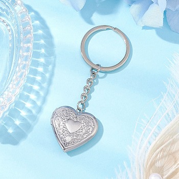 316 Stainless Steel Photo Locket Keychain, with Iron Split Key Rings, Heart, Stainless Steel Color, 85mm