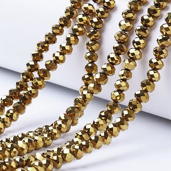 Electroplate Transparent Glass Beads Strands, Full Plated, Faceted, Rondelle, Golden Plated, 6x5mm, Hole: 1mm, about 85~88pcs/strand, 16.1~16.5 inch(41~42cm)