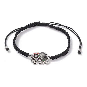 Alloy Rhinestone Elephant Link Bracelet, Nylon Thread Braided Adjustable Bracelet, Black, Inner Diameter: 2~3-3/8 inch(5.1~8.5cm)