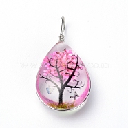Transparent Glass Pendants, with Dride Flower inside and Zinc Alloy Finding, Teardrop, Platinum, Hot Pink, 35.5x18x9mm, Hole: 3.5x4.5mm(GLAA-SZC0001-01F)