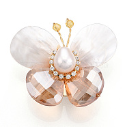 Natural Shell & Crystal Pave Cubic Zirconia Butterfly Brooches for Women, with Brass Pearl Pins, Real 14K Gold Plated, 32~38x36.5~40x16~17mm(JEWB-N001-04G)