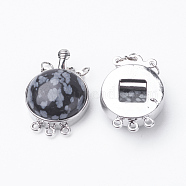 Natural Snowflake Obsidian Box Clasps, with Brass Finding, Flat Round, Platinum, 26.5x17.5x8~9mm, Hole: 1mm(G-E427-01P)