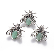 Natural Green Aventurine Brooches, with Brass Findings, Cicada, Antique Silver, 38x36x8mm, Pin: 0.6mm(G-A176-D06)
