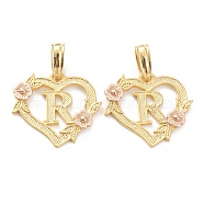 Real 18K Gold Plated Brass  Pendants, Heart with Alphabet, Letter.R, 18x20x3mm, Hole: 6.5x3mm(KK-J042-43G-R)
