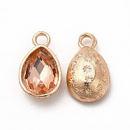 Faceted Glass Rhinestone Pendants, with Golden Tone Zinc Alloy Findings, Teardrop Charms, Light Salmon, 15x9x5mm, Hole: 2mm(GLAA-I051-A20)