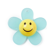Frosted Translucent Acrylic Pendants, Sunflower with Smiling Face Charm, Pale Turquoise, 29x30x9mm, Hole: 1.8mm(OACR-P012-C05)