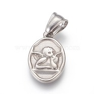 304 Stainless Steel Pendants, Oval with Cupid/Cherub, Stainless Steel Color, 22x14.5x2.5mm, Hole: 5.5x8.5mm(STAS-E449-71P)