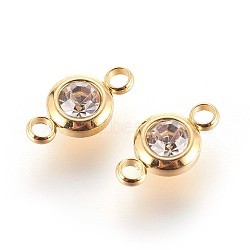 304 Stainless Steel Rhinestone Links connectors, Flat Round, Golden, Crystal, 12x6.5x4mm, Hole: 2mm(X-STAS-P237-17G-11)