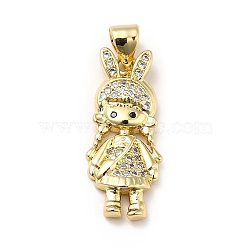 Brass Micro Pave Cubic Zirconia Pendants, Real 18K Gold Plated, Girl Charm with Rabbit Hat, Clear, 23x10x3mm, Hole: 3.5x4mm(KK-H433-14A-G)
