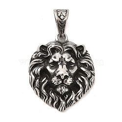 304 Stainless Steel Pendants, Lion Charms, Antique Silver, 37.5x30x12.5mm, Hole: 11x7mm(STAS-M334-05AS)